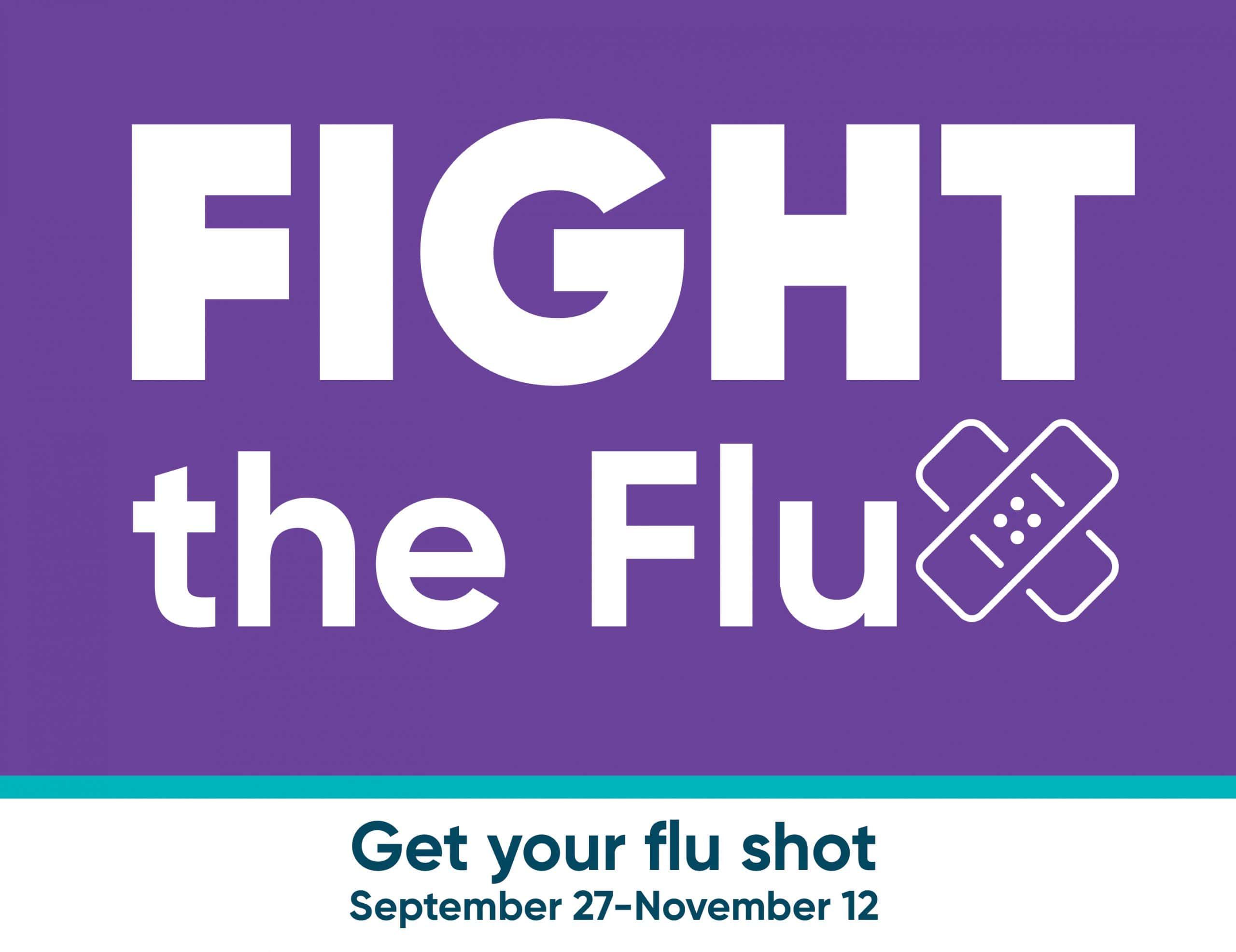 Purple banner promoting flu shots with text "FIGHT the Flu" and dates September 27-November 12