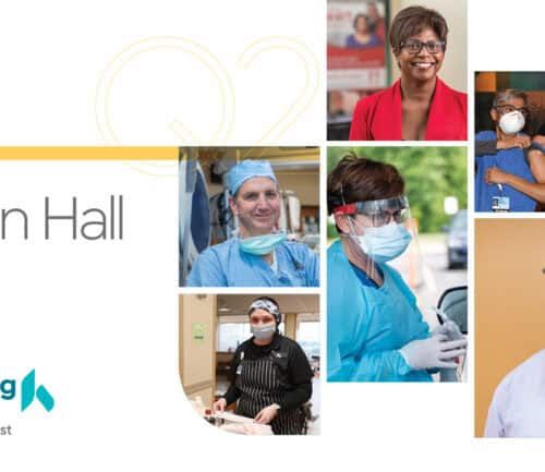 Healthcare workers in masks and scrubs featured in Kettering Health town hall presentation
