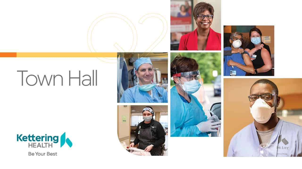 Healthcare workers in masks and scrubs featured in Kettering Health town hall presentation