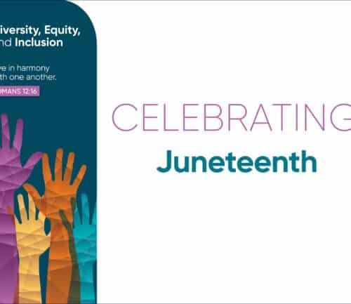Colorful raised hands celebrating Juneteenth with diversity, equity and inclusion messaging
