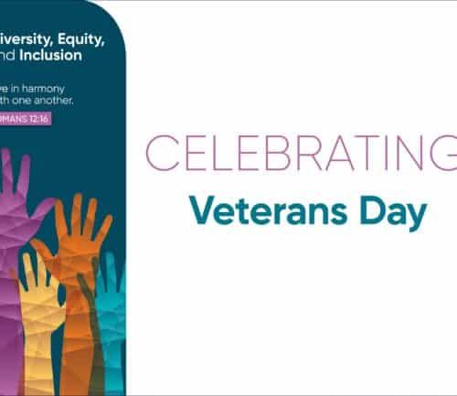 Colorful raised hands graphic celebrating Veterans Day with diversity, equity and inclusion theme