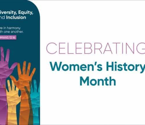 Diverse hands raised celebrating Women's History Month with DEI messaging and biblical quote.