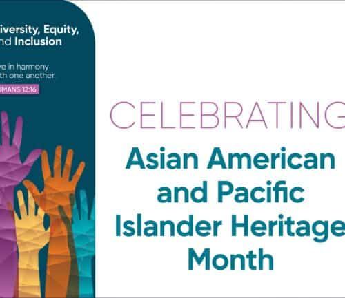 Diverse hands raised celebrating Asian American and Pacific Islander Heritage Month with inspirational quote