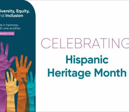 Colorful raised hands celebrating Hispanic Heritage Month with diversity and inclusion message