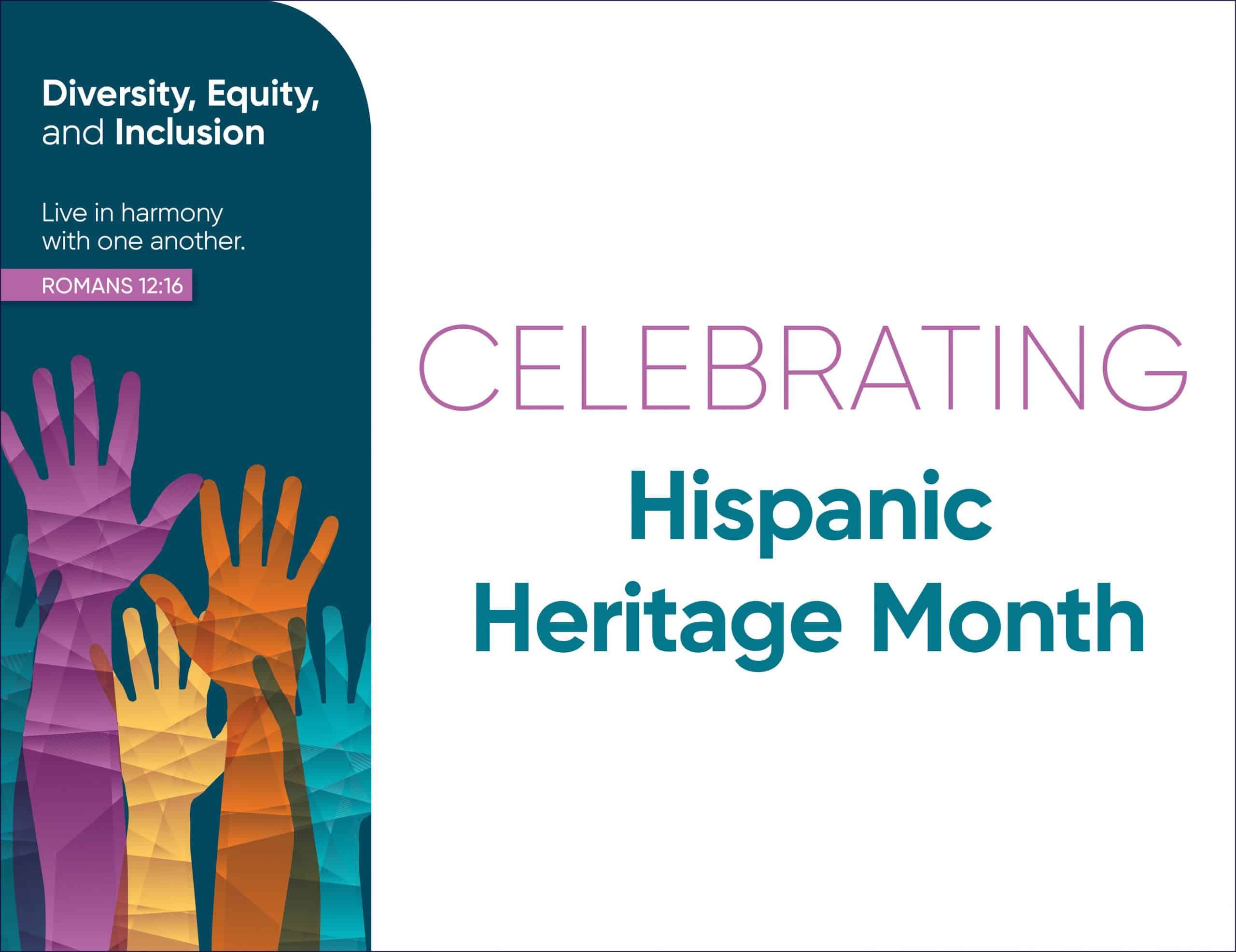 Colorful raised hands celebrating Hispanic Heritage Month with diversity and inclusion message