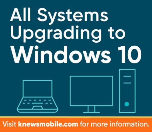 Windows 10 upgrade announcement with laptop, monitor and desktop computer icons