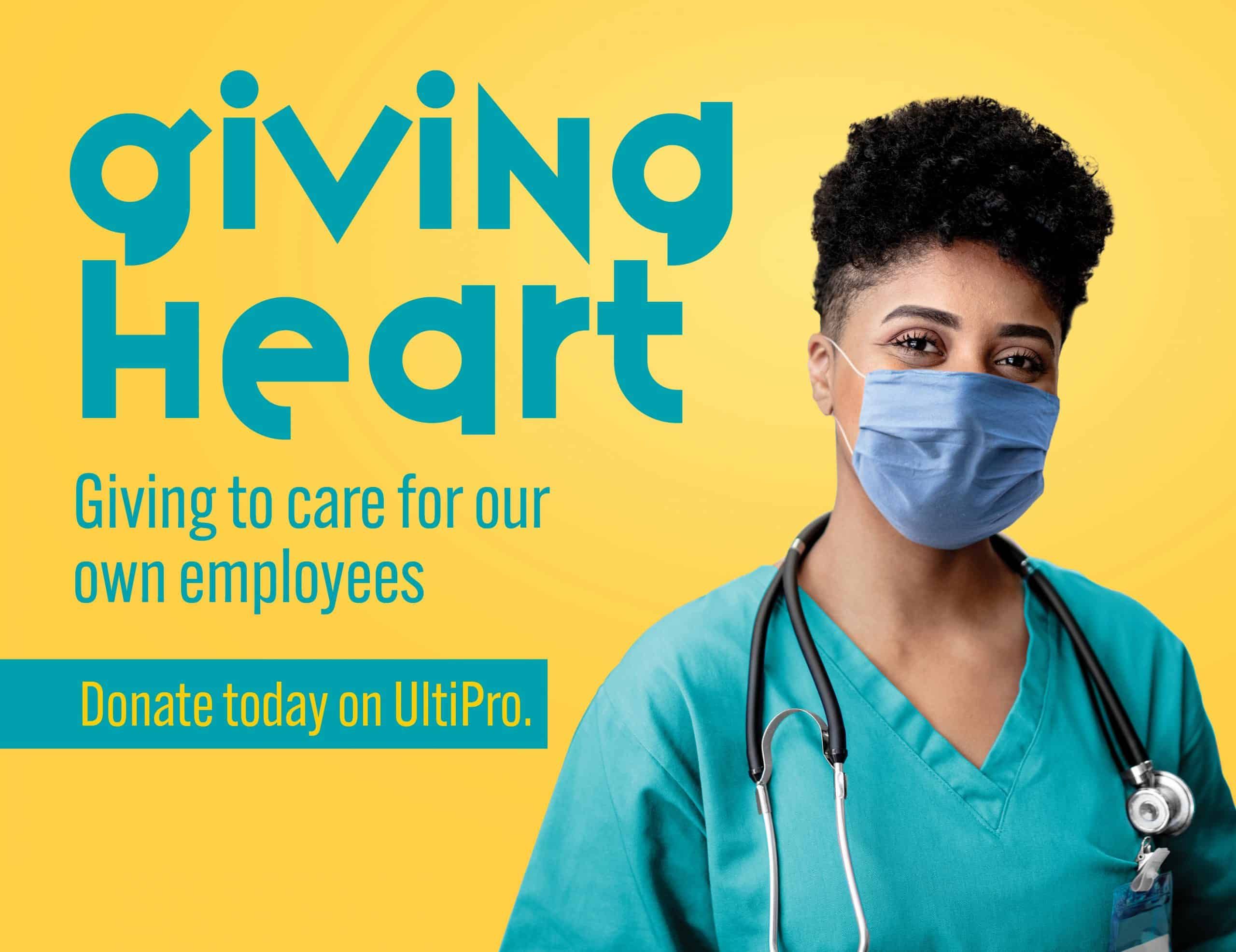 Healthcare worker in scrubs and mask promotes employee giving campaign on yellow background