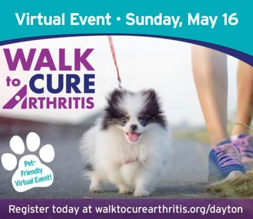 Walk to Cure Arthritis virtual event May 16, featuring small dog walking with owner