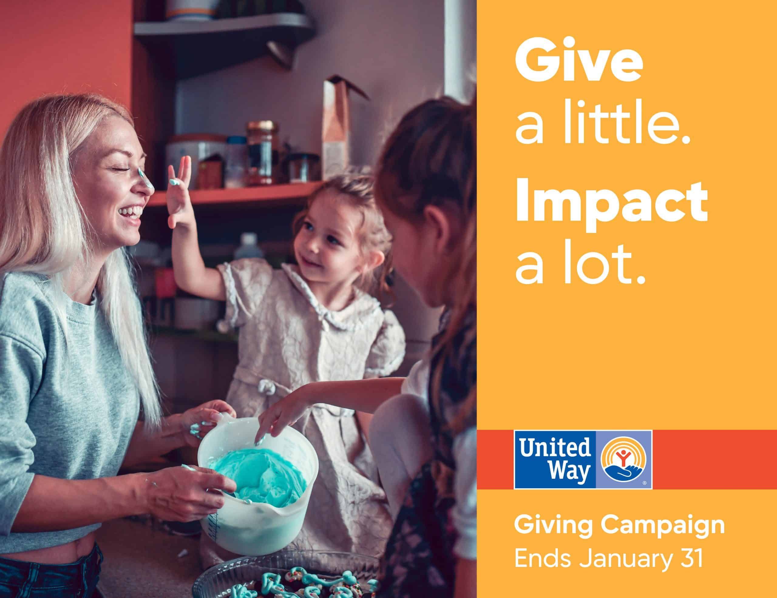 Mother and children baking together in kitchen, promoting United Way giving campaign.