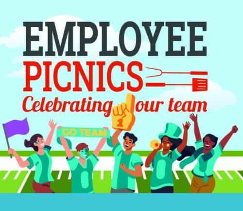 Diverse employees celebrating at company picnic with foam fingers and "GO TEAM" banner