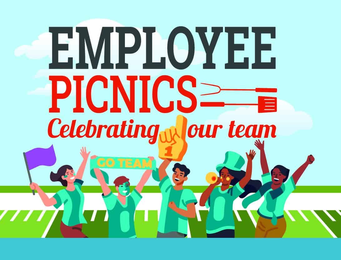 Diverse employees celebrating at company picnic with foam fingers and "GO TEAM" banner
