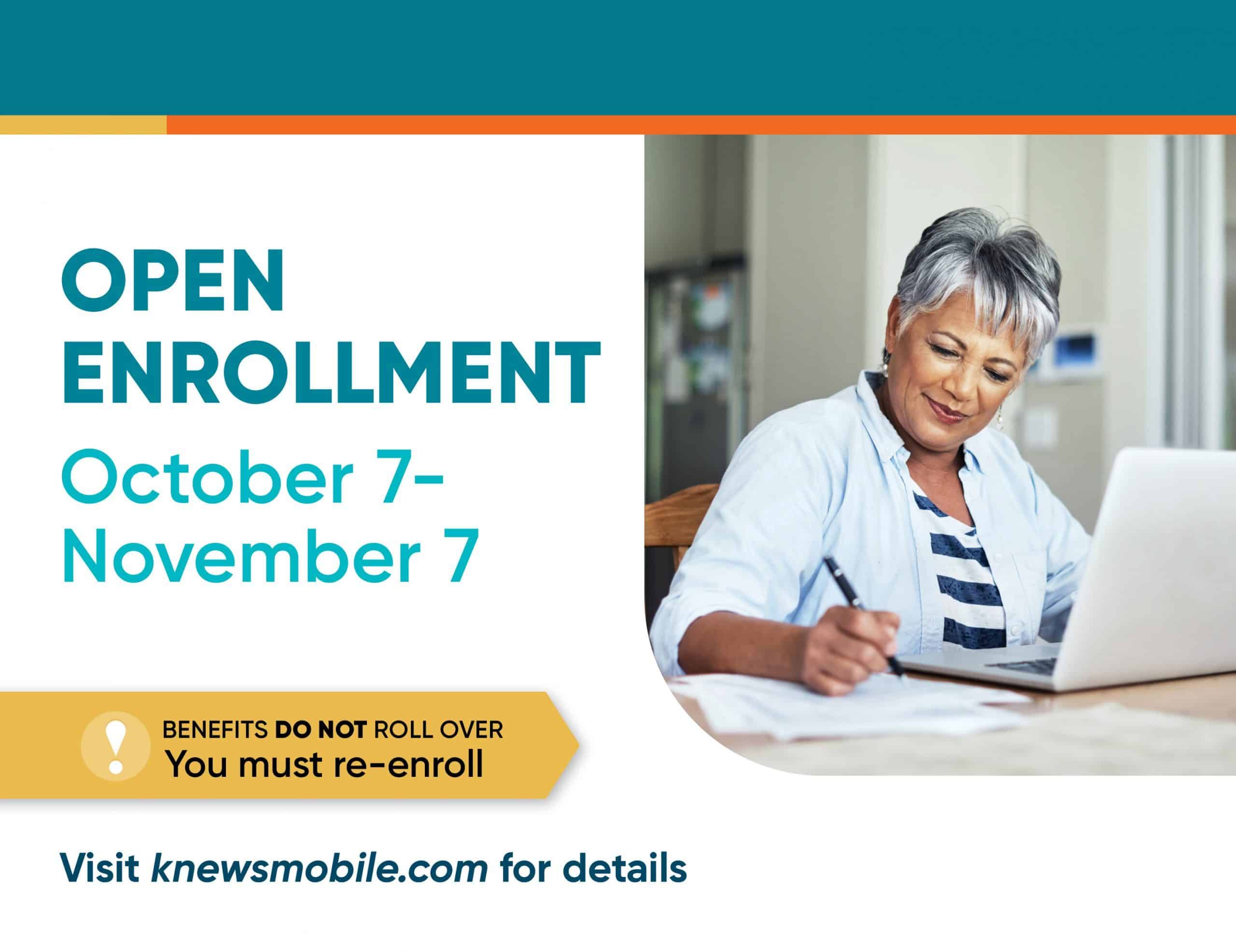Woman writing notes while using laptop during open enrollment period October 7-November 7