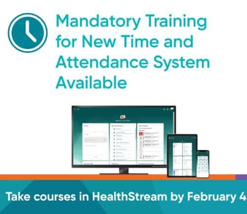 Mandatory training announcement for new time and attendance system with multi-device interface display