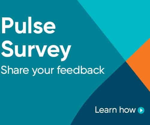 Pulse Survey banner with teal and orange geometric design inviting feedback