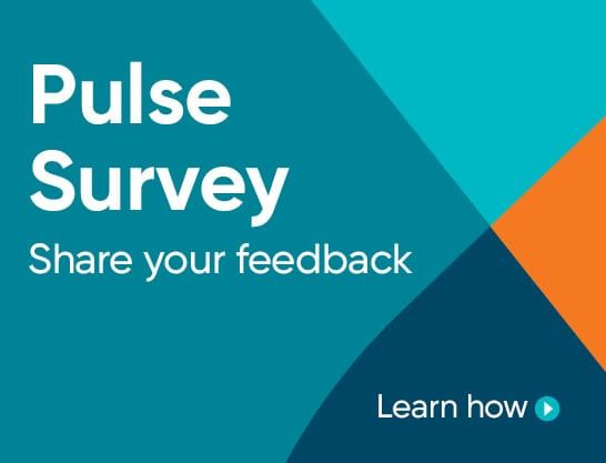 Pulse Survey banner with teal and orange geometric design inviting feedback