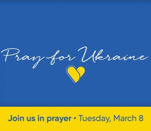 Blue and yellow Ukrainian flag design with "Pray for Ukraine" text and prayer invitation for March 8