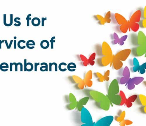 Colorful paper butterflies surrounding "Join Us for a Service of Remembrance" invitation text