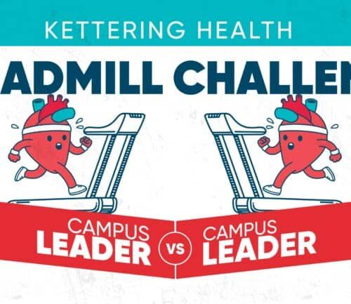 Treadmill Challenge event banner featuring cartoon hearts running on treadmills for campus leaders competition