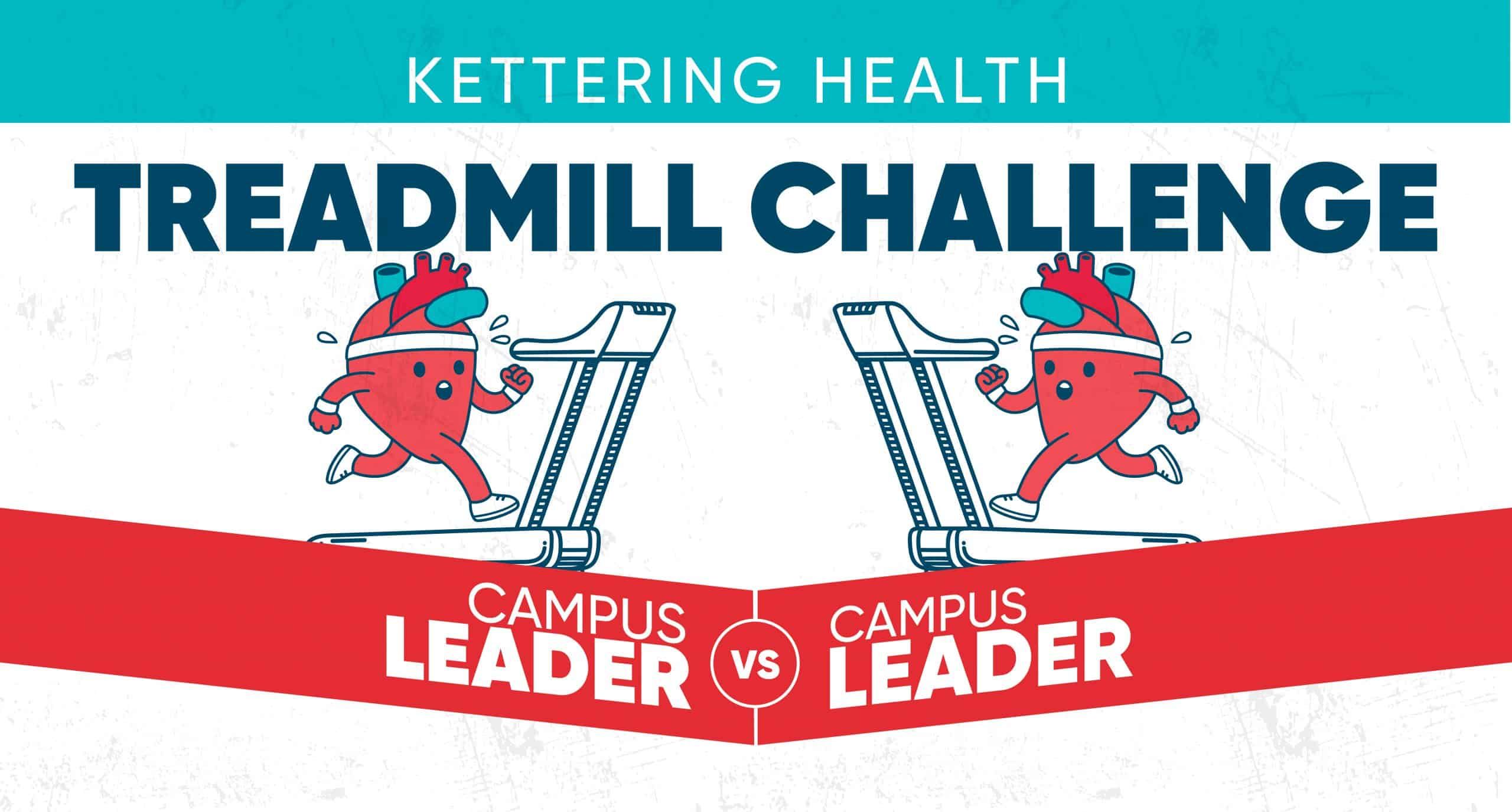 Treadmill Challenge event banner featuring cartoon hearts running on treadmills for campus leaders competition