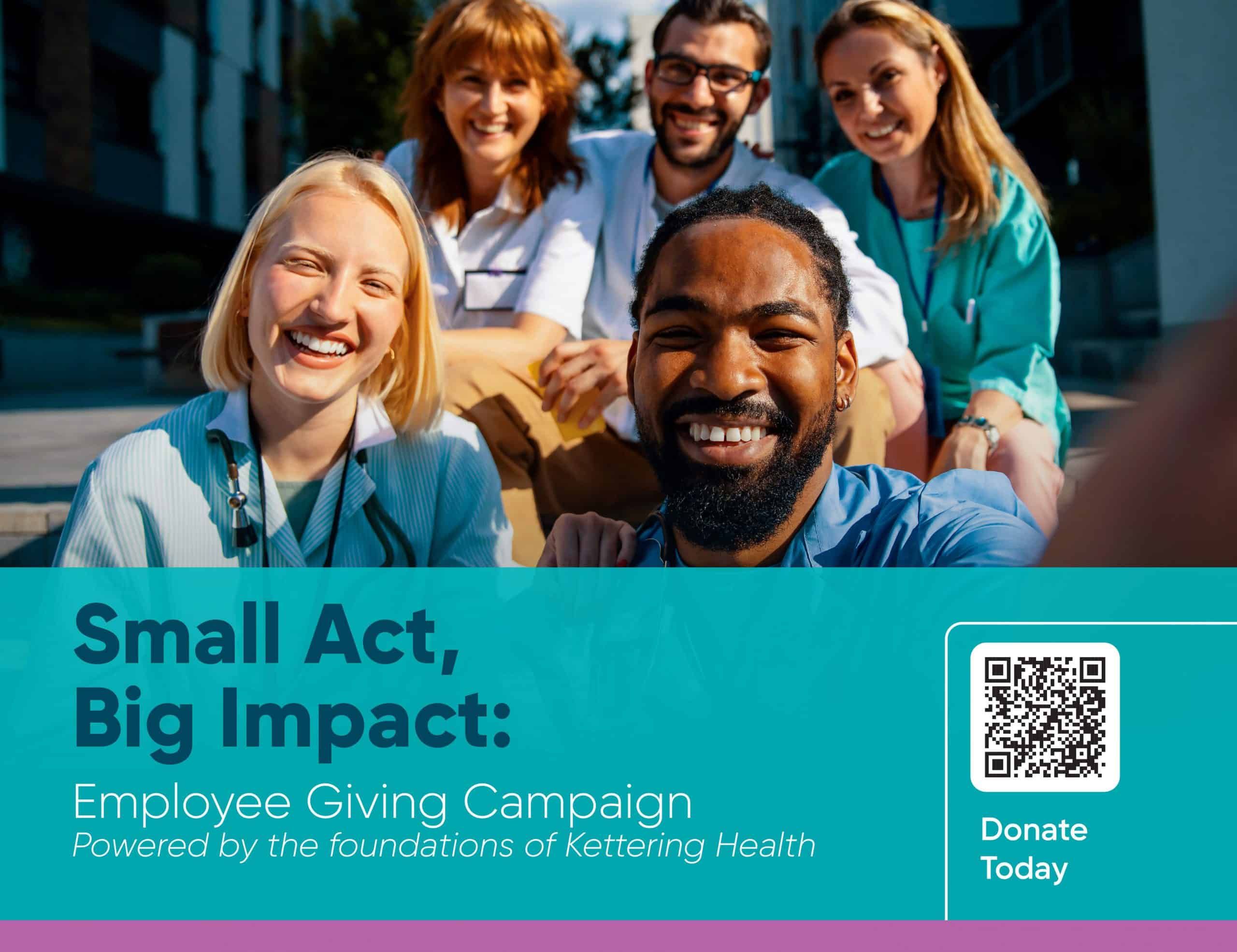 Five diverse healthcare workers in scrubs smiling together outdoors for employee giving campaign