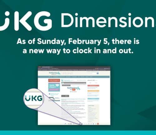 UKG Dimensions announcement showing new clocking system interface on Kettering Health intranet