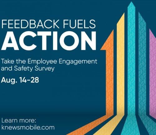 Colorful upward arrows promoting Employee Engagement and Safety Survey, August 14-28