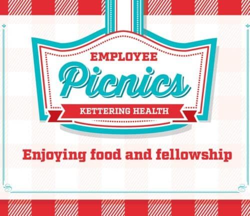 Kettering Health employee picnic invitation with vintage-style design in red and teal colors