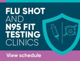 Flu shot and N95 fit testing clinics promotional banner with shield graphic