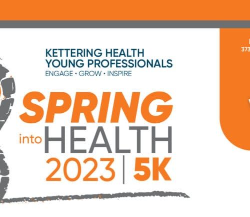 Spring into Health 2023 5K race promotional graphic with running shoe illustration, April 16 date