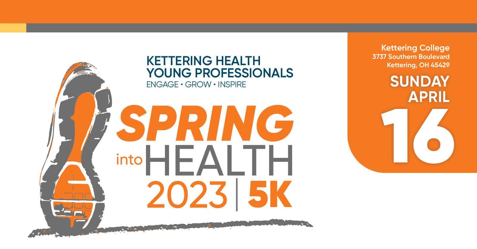 Spring into Health 2023 5K race promotional graphic with running shoe illustration, April 16 date