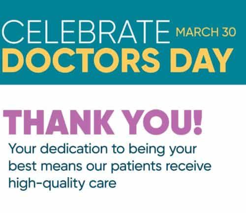 Doctors Day March 30 celebration graphic with thank you message on teal background