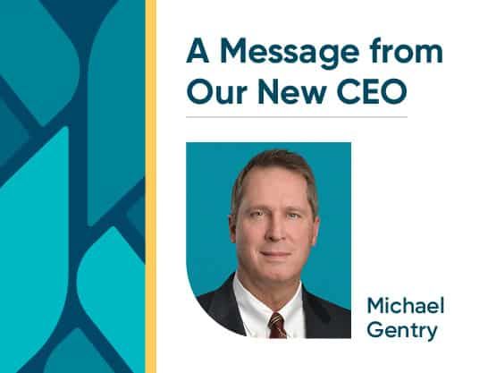 Professional headshot of Michael Gentry, new CEO of Kettering Health, with welcome message