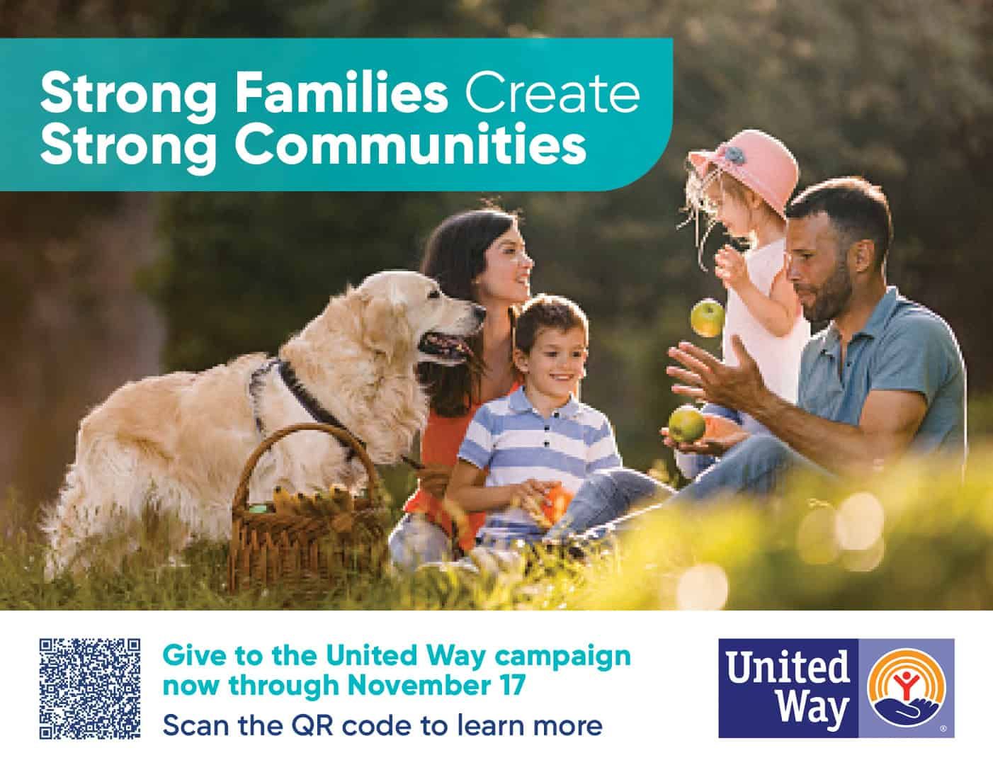 Family of four with golden retriever enjoying picnic outdoors for United Way campaign
