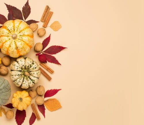 Autumn arrangement of decorative pumpkins, walnuts, cinnamon sticks and colorful fall leaves