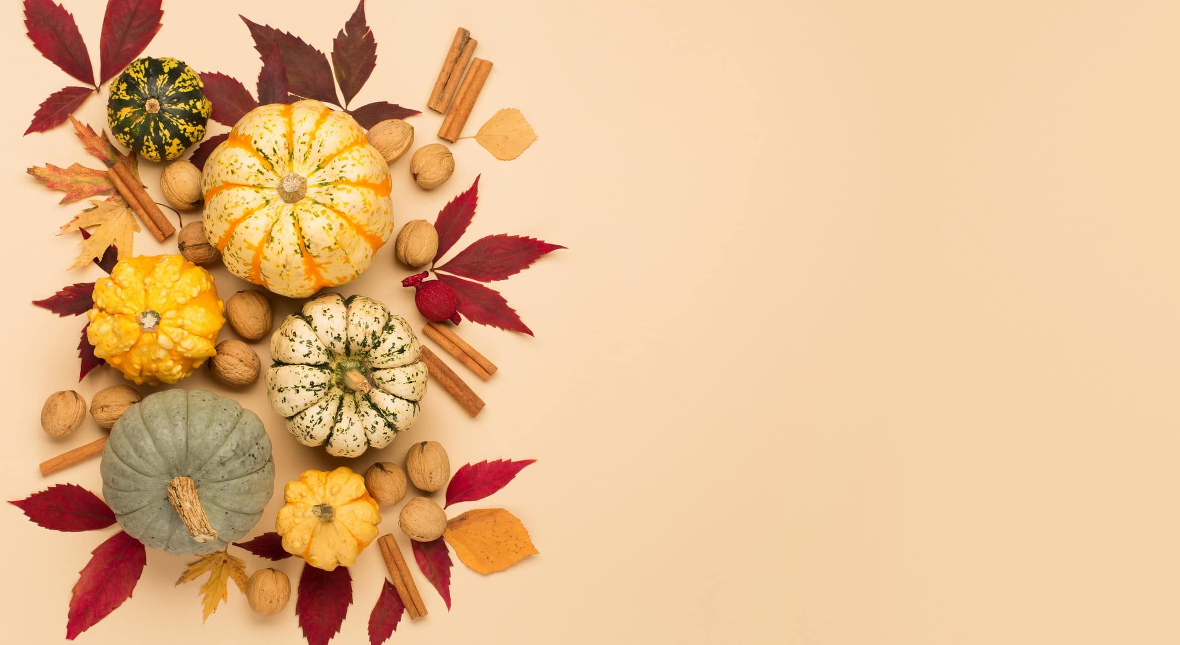 Autumn arrangement of decorative pumpkins, walnuts, cinnamon sticks and colorful fall leaves