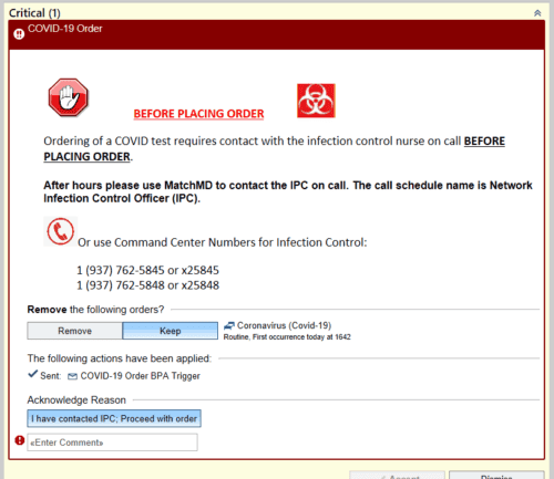 COVID-19 testing order advisory requiring infection control nurse contact before placement