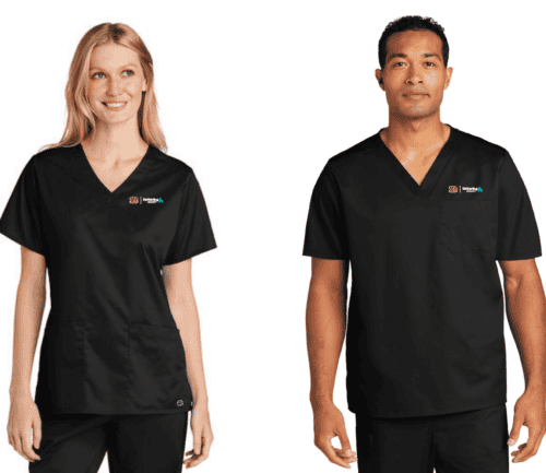 Two healthcare professionals modeling black Cincinnati Bengals branded medical scrubs