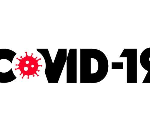 COVID-19 text logo with red coronavirus icon on white background