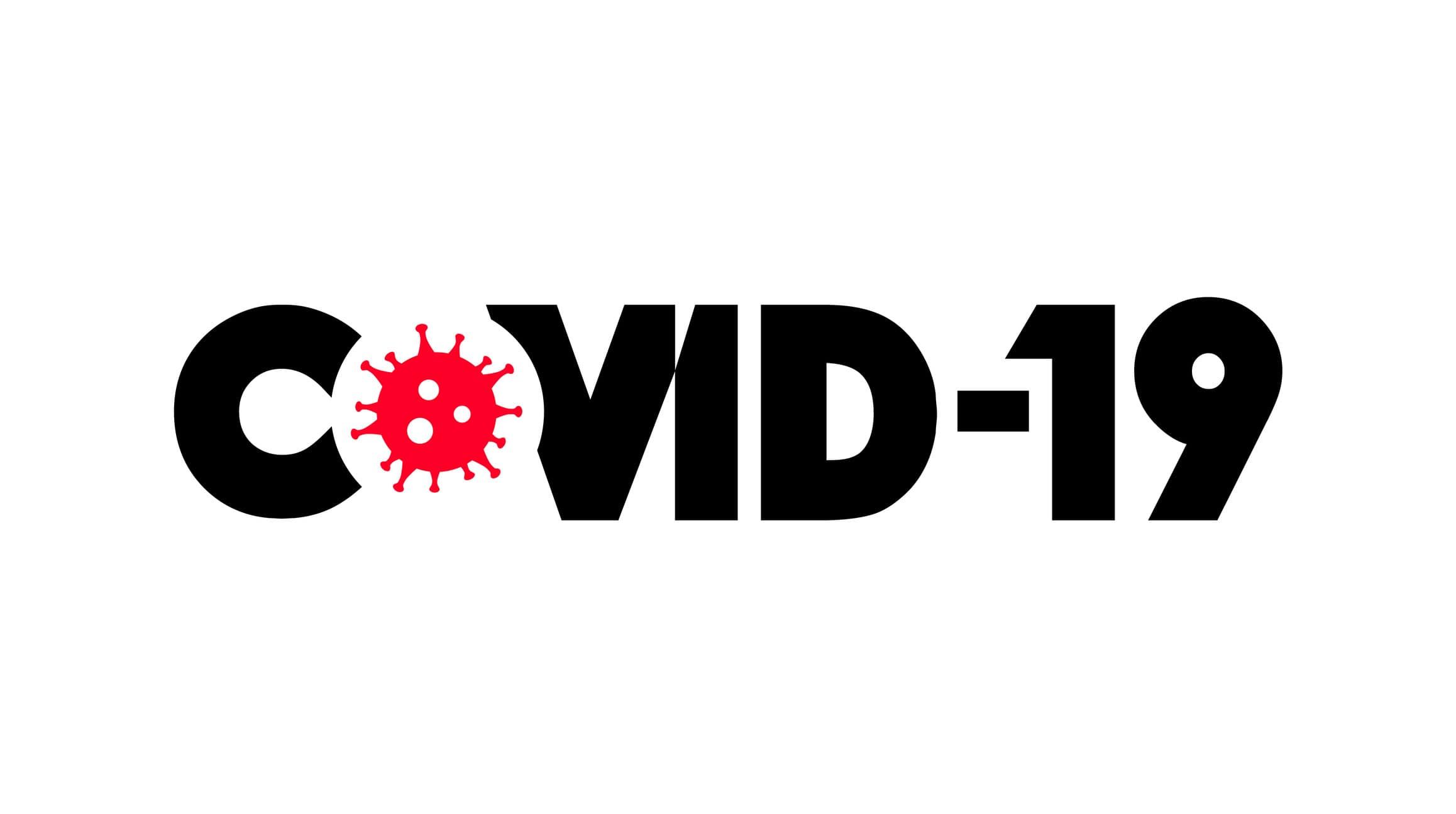 COVID-19 text logo with red coronavirus icon on white background