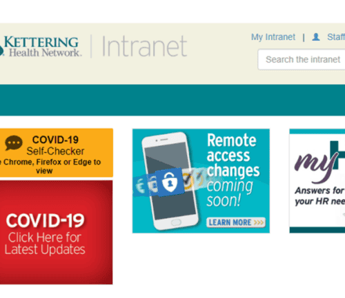 Kettering Health intranet homepage featuring COVID-19 self-checker tool and remote access updates
