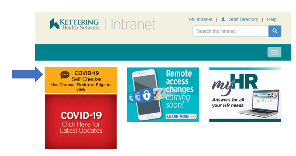 Kettering Health intranet homepage featuring COVID-19 self-checker tool and remote access updates