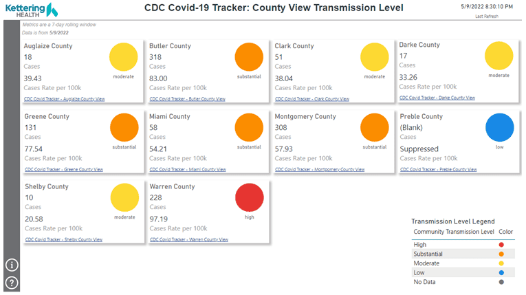 COVID-19 transmission levels by county shown with colored circles indicating risk levels
