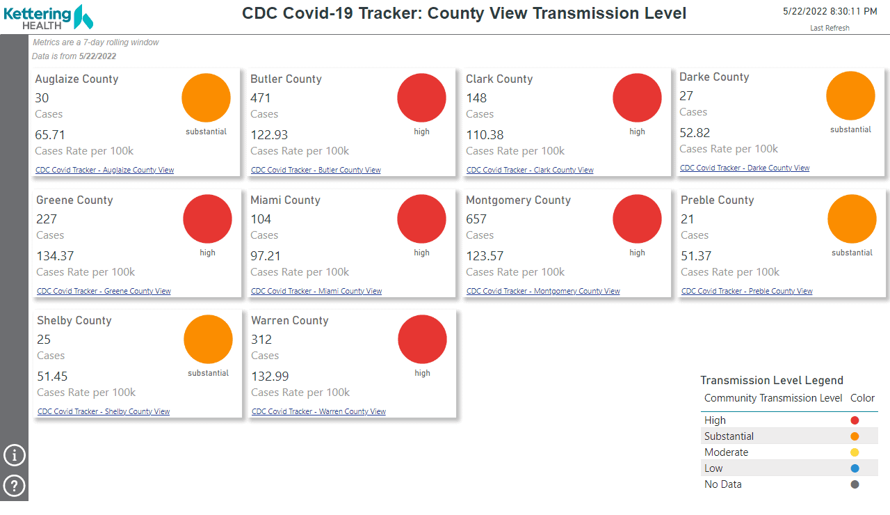 CDC COVID-19 transmission levels dashboard showing county-by-county case rates and color-coded risk levels