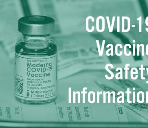 Moderna COVID-19 vaccine vial on medical documents with safety information text overlay
