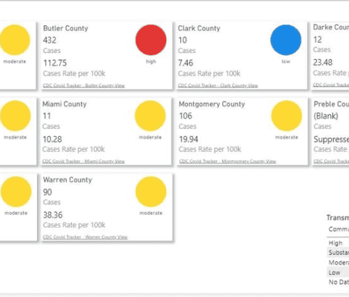 COVID-19 transmission levels by county with colored dots indicating risk levels