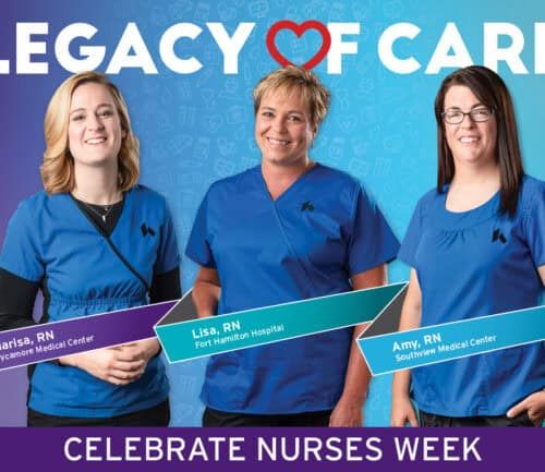 Three nurses in blue scrubs celebrating Nurses Week for Legacy of Care campaign