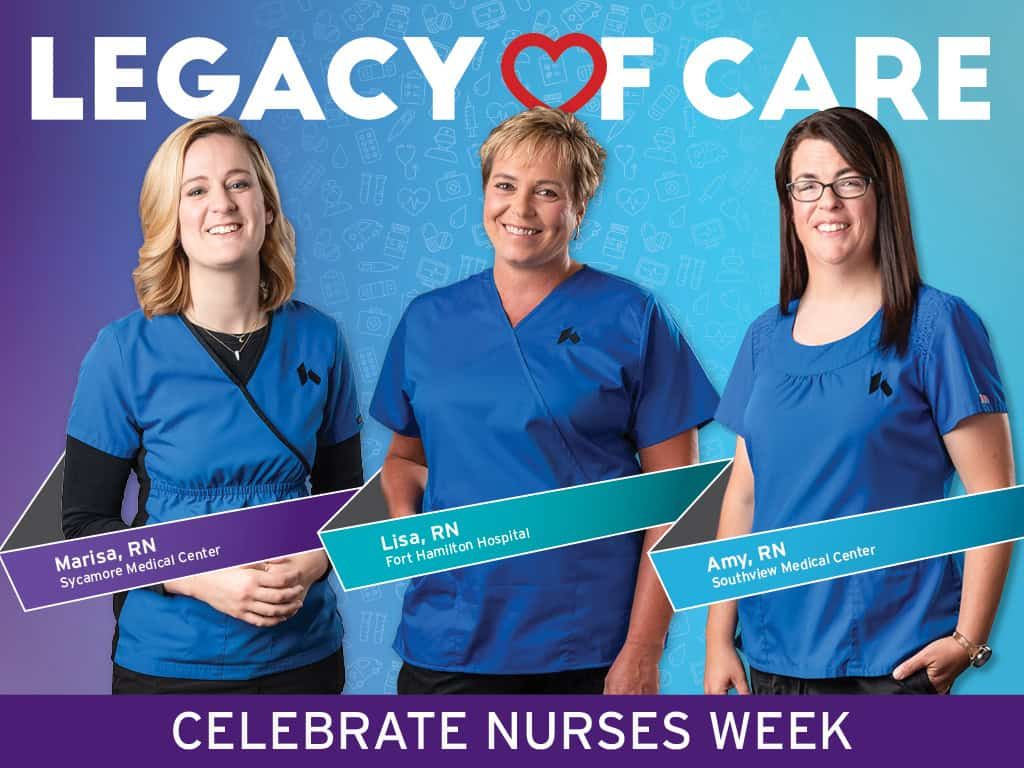 Three nurses in blue scrubs celebrating Nurses Week for Legacy of Care campaign