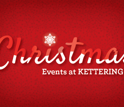 Christmas events at Kettering Health promotional graphic with red background and snowflake