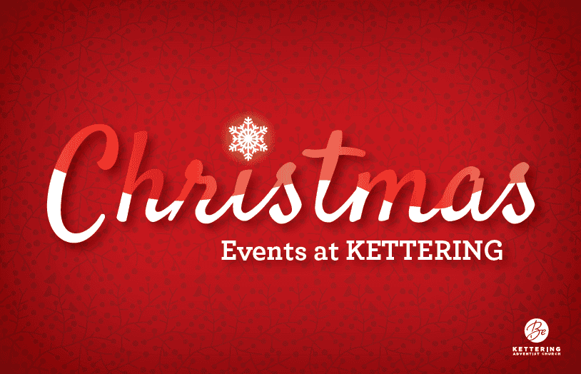 Christmas events at Kettering Health promotional graphic with red background and snowflake