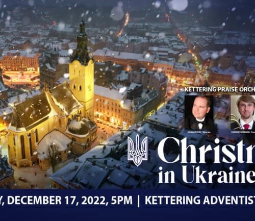 Christmas in Ukraine benefit concert poster featuring snowy cathedral and orchestra performers